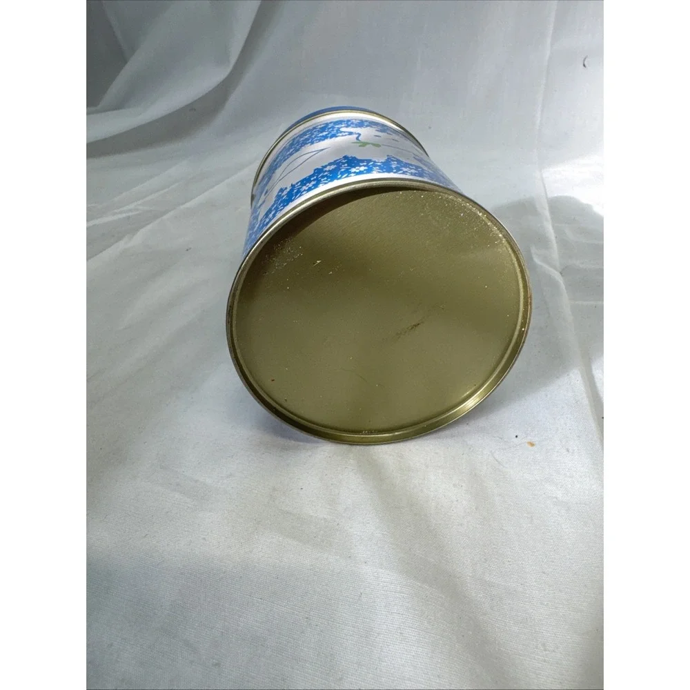 VTG Country Kitchen Tin Canister Cow Blue White Taiwan 4.25